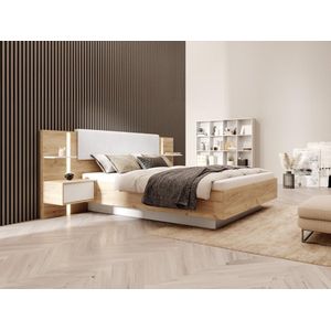 Bed met nachtkastjes 160 x 200 cm - Met ledverlichting - Kleur: houtlook en wit + bedbodem - ELYNIA L 256.4 cm x H 104.4 cm x D 210 cm