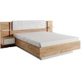 Bed met nachtkastjes 160 x 200 cm - Met ledverlichting - Kleur: houtlook en wit + bedbodem + matras - ELYNIA