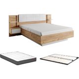 Bed met nachtkastjes 160 x 200 cm - Met ledverlichting - Kleur: houtlook en wit + bedbodem + matras - ELYNIA