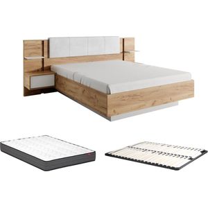 Bed met nachtkastjes 160 x 200 cm - Met ledverlichting - Kleur: houtlook en wit + bedbodem + matras - ELYNIA L 256.4 cm x H 104.4 cm x D 210 cm