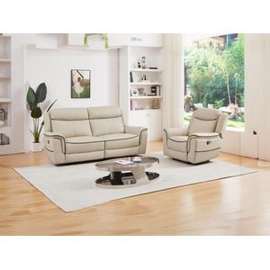 Elektrische driezitsrelaxbank en -fauteuil van beige leer ROVETO