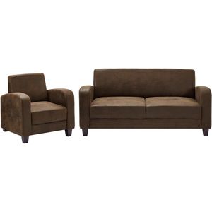 Zitbank 3 personen en clubfauteuil in donkerbruine microvezel met verouderde lederlook MADIE II L 190 cm x H 86 cm x D 81 cm