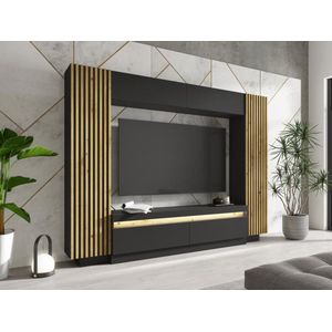 Vente unique Tv wand met opbergruimte Ledverlichting zwart en naturel LIONEA 2 x H 2 x D