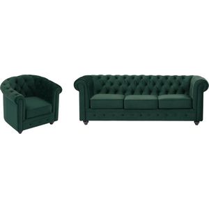 Driezitsbank en fauteuil van groen velours CHESTERFIELD