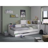 Bed met opbergruimte en lade 90 x 200 cm - Kleur: wit + bedbodem + matras - ARMAND