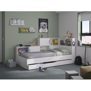 Bed met opbergruimte en lade 90 x 200 cm - Kleur: wit + bedbodem + matras - ARMAND L 221 cm x H 104 cm x D 120 cm