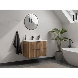 Gestreept hangmeubel voor badkamer met inbouwwastafel - Licht naturel - 80 cm - ZEVARA