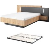 Bed met nachtkastjes 140 x 190 cm - 2 lades - Met ledverlichting - Kleur: naturel en antraciet + bedbodem - FRANCOLI
