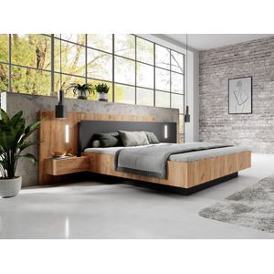 Bed met nachtkastjes 140 x 190 cm - 2 lades - Met ledverlichting - Kleur: naturel en antraciet + bedbodem - FRANCOLI