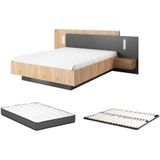 Bed met nachtkastjes 140 x 190 cm - 2 lades - Met ledverlichting - Kleur: naturel en antraciet + bedbodem + matras - FRANCOLI