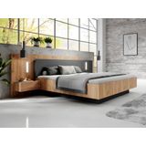 Bed met opbergruimte en nachtkastjes – 140 x 190 cm – 2 lades – Met ledverlichting – Kleuren: houtlook en antraciet – Met matras – FRANCOLI