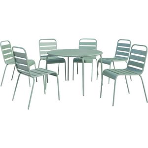 MYLIA Tuineethoek van metaal - Een ronde tafel D200 cm en 6 opstapelbare stoelen - Amandelgroen - MIRMANDE van MYLIA L 130 cm x H 79 cm x D 130 cm