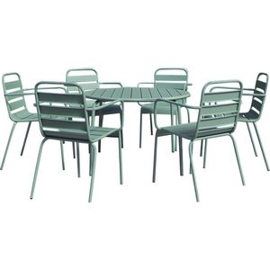 MYLIA Tuineethoek van metaal - Een ronde tafel D130 cm en 6 opstapelbare fauteuils - Amandelgroen - MIRMANDE van MYLIA L 130 cm x H 79 cm x D 130 cm