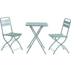 MYLIA Opklapbare tuineethoek van metaal - Een tafel D60 cm en 2 opstapelbare stoelen - Amandelgroen - MIRMANDE van MYLIA L 60 cm x H 87 cm x D 60 cm
