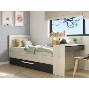 Uitschuifbaar bed 90 x 200 en 90 x 190 cm - Met bureau - Kleur: naturel en antraciet + matras + bedbodem - VOUANI