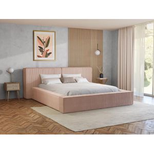 Bed met opbergruimte 160 x 200 cm - Ribfluweel - Roze + matras - TIMANO van Pascal Morabito