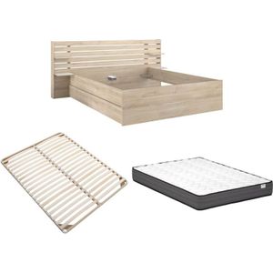 Vente-unique - Bett mit Stauraum - 180 x 200 cm - Holzfarben + Lattenrost + Matratze - tenalia