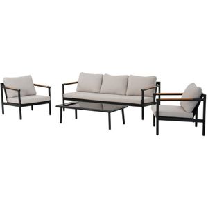 MYLIA - LAKIT - Tuinsalon - Zwart - Aluminium - 1 Driezitsbank 2 Fauteuils 1 Salontafel