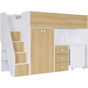 Hoogslaper 90 x 190 cm met kast en bureau - Wit en naturel - LANILATO