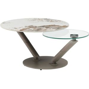 Salontafel met draaiende bladen in keramiek, gehard glas en taupe metaal - Witte en grijze marmerlook - ELDOVA