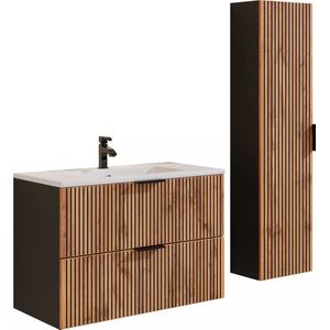 Vente-unique - MADELA - Badkamermeubel - Licht Natuurlijk en Zwart - 80 cm - Met Inbouwwastafel en Kolomkast