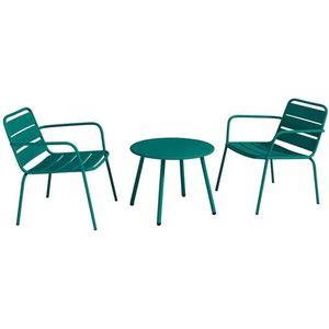 Tuinzithoek van metaal - 2 lage opstapelbare fauteuils en een rond bijzettafeltje - Blauwgroen - MIRMANDE van MYLIA