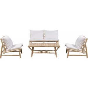 MYLIA - TULUM - Tuinzithoek - Licht Natuurlijk en Wit - Teakhout - 1 Tweezitsbank en 2 Fauteuils