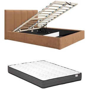 Bed met opbergruimte 180 x 200 cm met hoofdbord met verticale naden - Stof - Terracotta - Met matras - KILACLO