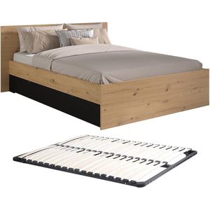 Bed met 2 lades 160 x 200 cm Kleur: naturel en zwart + bedbodem - VARLY