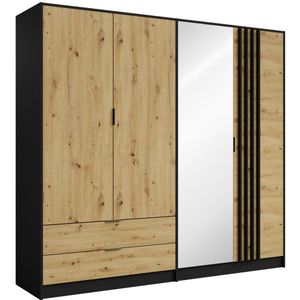 Kast met 4 deuren en 2 lades - Met spiegel - L220 cm - Kleur: zwart en naturel - TUNALO