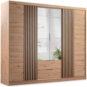 Kast met 4 deuren en 2 lades - Met spiegel - L250 cm - Kleur: houtlook - SIDOVIA