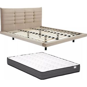 Bed 140 x 190 cm met hoofdbord met capitons - Velours - Beige + matras - NISATIO