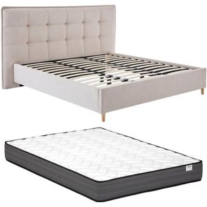 Bed 140 x 190 cm met hoofdbord met capitons - Stof - Beige + matras - NIPRIO