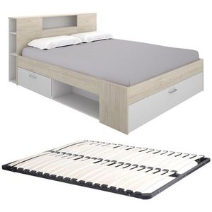 Bed met hoofdeinde met opbergruimte en lade 180 x 200 cm - Kleur: naturel en wit + Bedbodem - LEANDRE