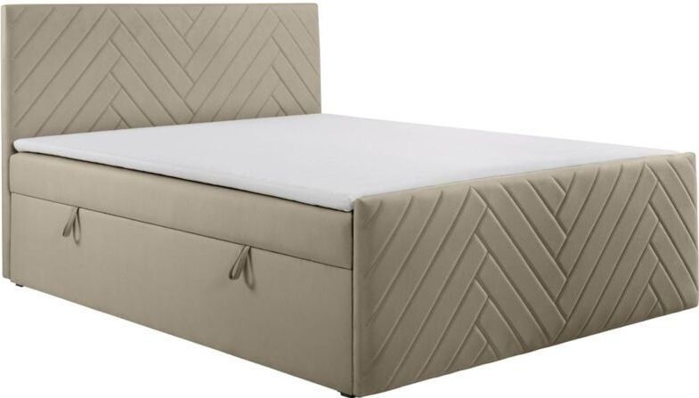 Complete decoratieve bedset met hoofdbord + bedbodems met opbergruimte + matras + topmatras - 160 x 200 cm - Fluweel - Taupe - MAKANA van YSMÉE