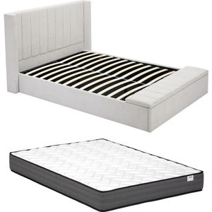 Bed met opbergruimte 140 x 190 cm met bankje - Stof - Beige + matras - DOUINO