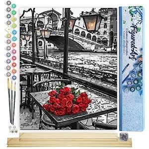 Figured'Art Schilderen op Nummer Volwassenen canvas Terras en rozenboeket - Handwerk acrylverf Kit DIY Compleet - 40x50cm met DIY houten lijst
