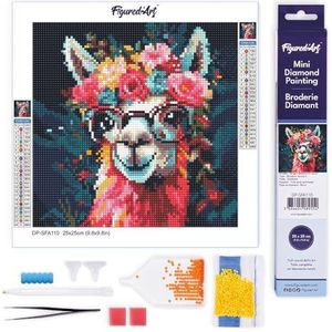 Figured'Art Mini Diamond Painting set Volwassenen 25x25 cm Modieuze lama met bloemen - 5D DIY Art full drill ronde diamant - Opgerold canvas