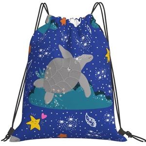 690 Schildpad op wolk winkelen schooltas, sportrugzak dagelijkse strandtas gepersonaliseerde string zak voor meisjes geschenken zwemmen 42x36cm