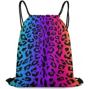 690 Regenboog Kleurrijke Cheetah Luipaard Print String Sackpack, String Bag Eco Vriendelijke Schooltas Unisex Sport Gym Tas Voor Gym Winkelen Zwemmen 42X36Cm