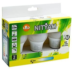 NITYAM Set van 3 ledlampen, 9 W, 806 lumen, E27-fitting, warm wit, 3000 K, stralingshoek 180 graden