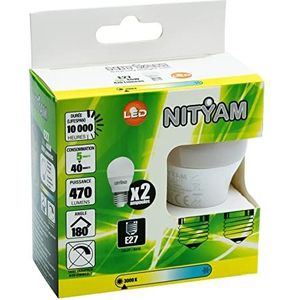 NITYAM Set van 2 ledlampen, 5 W, 470 lumen, E27-fitting, warm wit, 3000 K, stralingshoek 180 graden