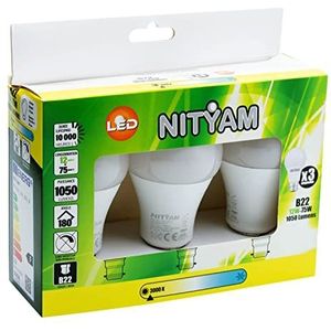 NITYAM Set van 3 LED-lampen standaard 12W 1050 lumen B22 fitting warm wit 3000K stralingshoek 180°