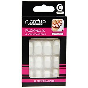 Glam'Up Paris Kunstnagels, volledige afdekking, eenvoudig te bedienen, 24 kunstnagels per doos + dubbelzijdig plakband, vierkante vorm, XL, nr. 3, Franse manicure, wit