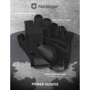 Harbinger Power Gloves - Fitness Handschoenen Heren & Dames - Deadlifting - Leer - L - Unisex - Zwart - Gym & Crossfit Training - Krachttraining