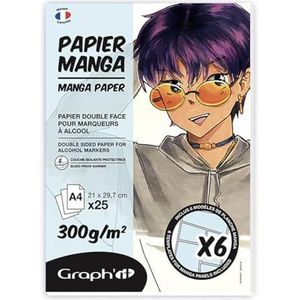 GRAPH'IT Manga-blok met 25 vellen, 300 g, extra wit, speciaal alcoholmarker, 1 kant gelijmd, duurzaam papier voor alcoholinkt, 6 manga-sjablonen op lagen inbegrepen - A4-formaat