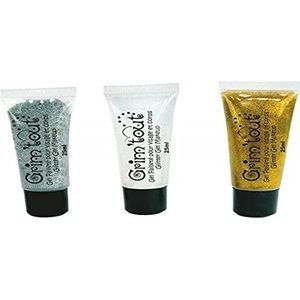 GRIM'TOUT Set van 3 Face Glitter Gel Tubes - Goud, Zilver, Kristal 25 ml - Kindermake-up op waterbasis - Vrij van parabenen - Gemakkelijk aan te brengen en schoon te maken