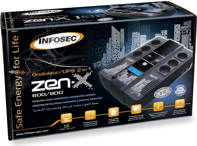 Infosec Zen-x PC omvormer 600 VA / 360 W zwart.