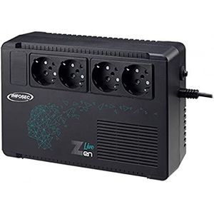 Infosec - Zen Live 500 - UPS - Zwart - 0,5 kVA, 300 W, 4 AC-uitgangen, Automatische Spanningsregulering