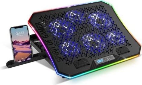 Spirit Of Gamer Airblade 1200 – geventileerde laptophouder RGB – 10 tot 19 inch – 6 stille ventilatoren – laptopkoeler – 6 standen kantelbaar – telefoonhouder inbegrepen